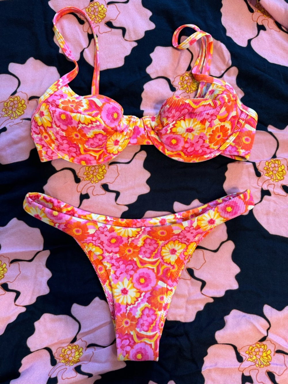 Floral Ribbed Two-Piece Bikini - Pink, Orange & Yellow kulani Kinis